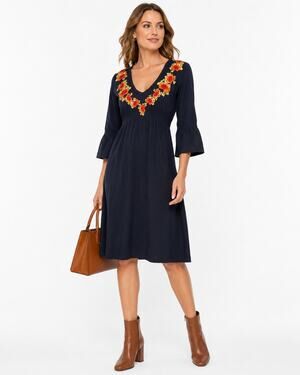 johnny was fern tiered knit dress | Dresses | Johnny Was Black Midi With White Floral Embroidery Tiered henley knit
